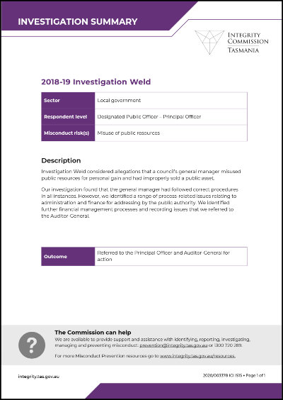 Investigation Weld summary