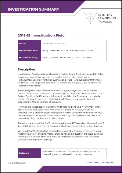 Investigation Field summary